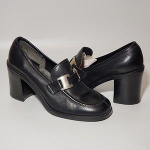Vintage 90s Nine West Jenkins Black Leather Chunky Heel Shoes Size 8.5 Casual